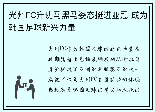 光州FC升班马黑马姿态挺进亚冠 成为韩国足球新兴力量